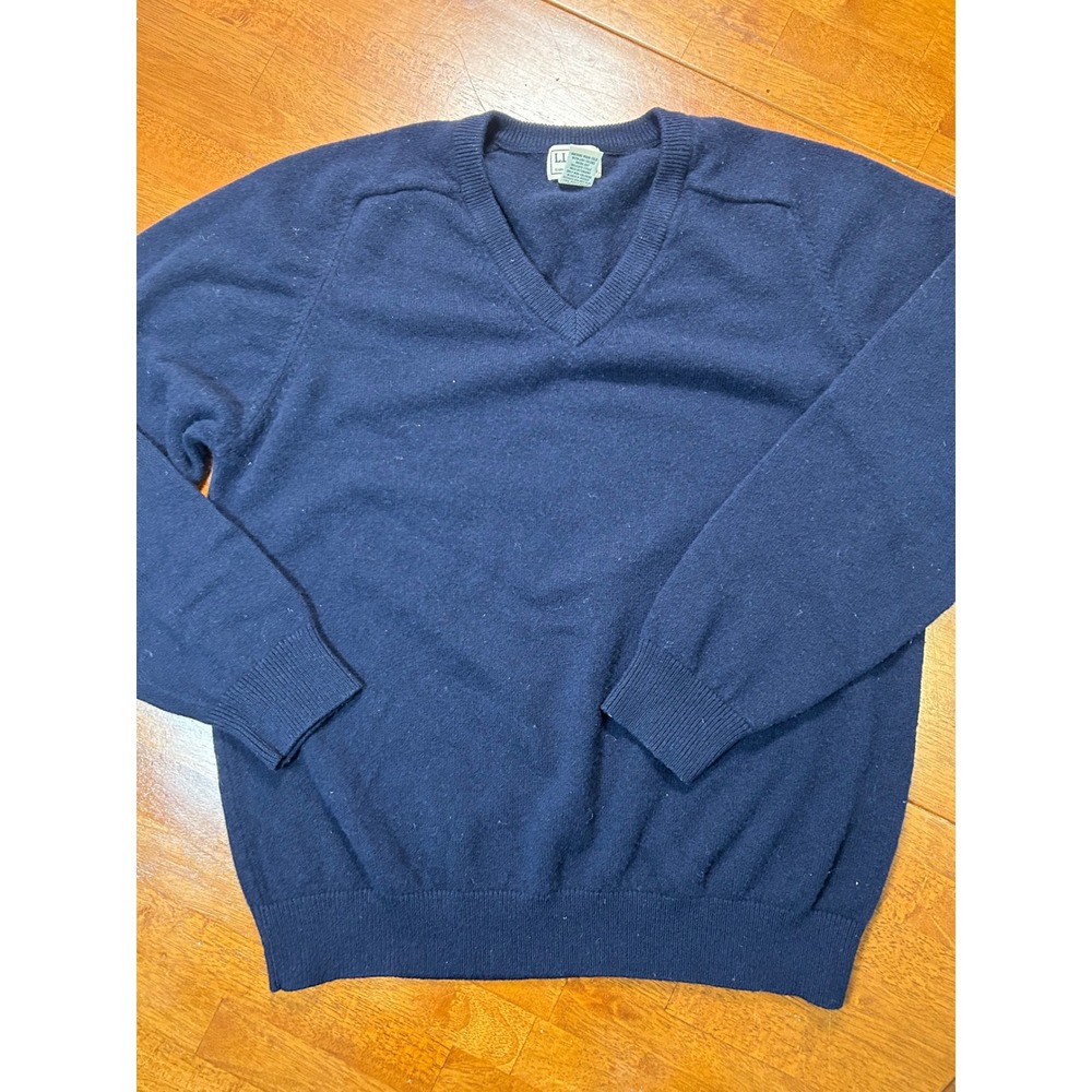 LL Bean Sweater Mens L Navy Blue V-Neck 100% Lambswool Knit Pullover
